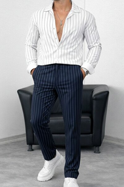 tetramoda Men's Lycra Crepe Fabric Striped Shirt and Trousers Set