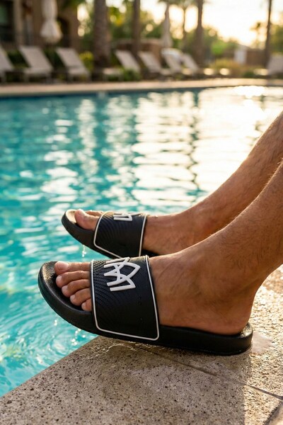 Evojean Black Patterned Men's Casual Beach Pool Slippers