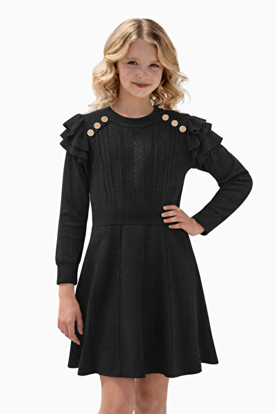 Diva Exclusive Fashion Rochie Tricotată Neagră pentru Fete, cu Volane și Nast...