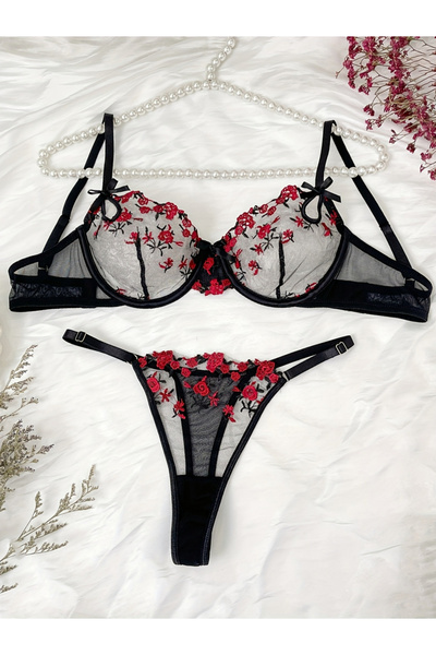 Take Two By Styli Floral Embroidered Mesh Non Padded Wired Bra and Thong Ling...