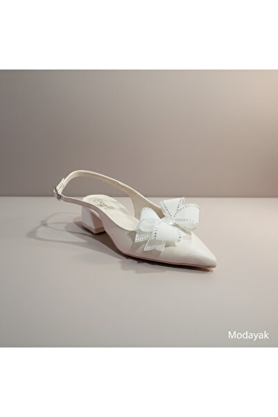 Modayak Elegant Beige Square-Toe Low-Heel Shoes with Strap and Ribbon