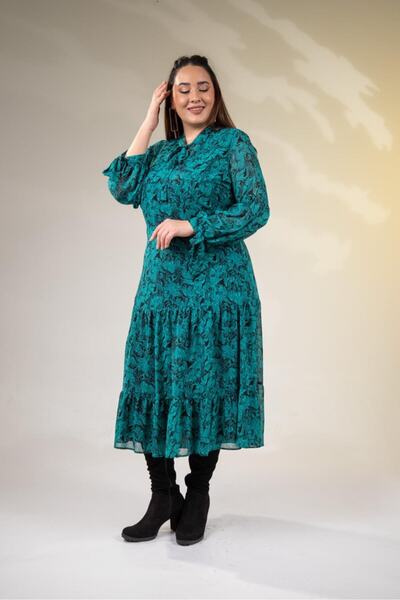 Roxxlen Rochie cu guler legat, mărime mare, verde