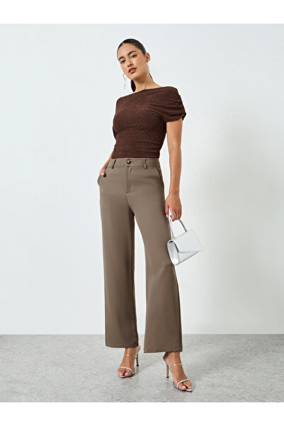 Take Two By Styli Tan High Rise Straight Leg Pants