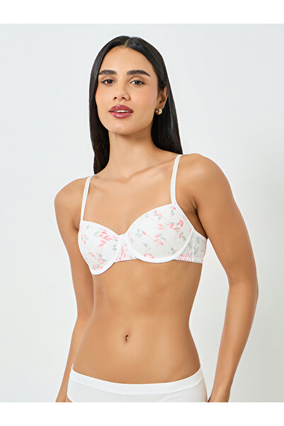 Take Two By Styli White Leaf Pattern Lace Trim Padded Wired Bra