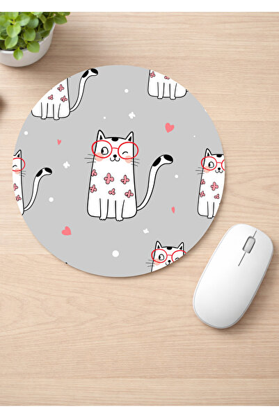 Eylül Design Cute Cats Printed Round Non-Slip Mousepad Ergonomic Mouse Pad