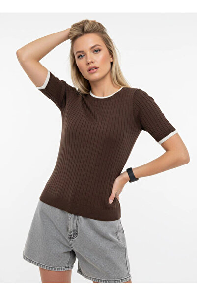 Cool & Sexy Ribbed Short Sleeve Ribbed Knitwear Blouse Brown