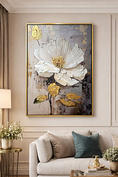 nerzen Yoğun Yağlı Boya Doku Kabartmalı Çerçeveli Pearl Blossom Lüks Tablo