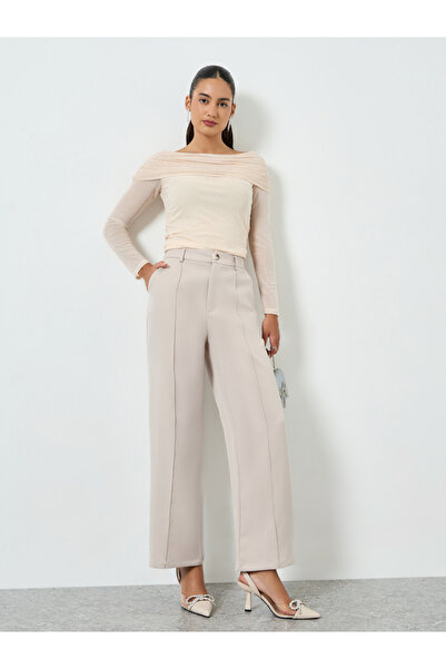 Take Two By Styli Beige Straight Leg Pants with Pintuck Detail