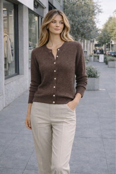 CGA Women's Brown Cardigan with Button Front and Crew Neck Soft Cardigan