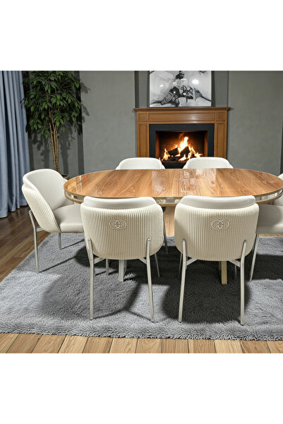 MSY HOME 6 Kişilik Aura Krom Serisi Ceviz Lake Oval Yemek Masası ve Puffy Kre...
