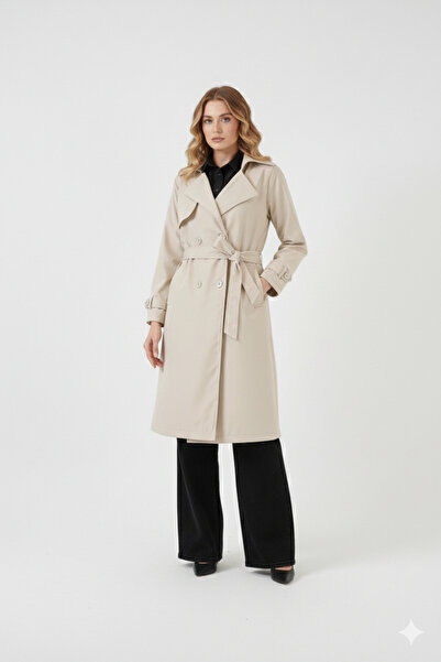 YXC Trend Maker Double-Breasted Collar Beige Women's Trench Coat