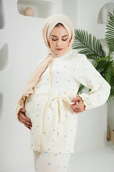 Lollybabies Lolly Babies Lohusa Pijama Takımı | Mavi Kalp | %100 Pamuk