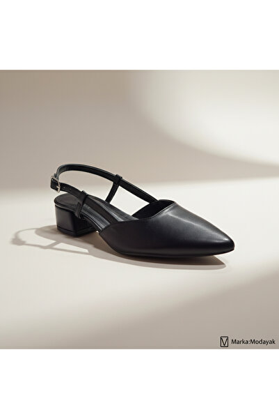 Modayak Elegant Black Square Low-Heel Pointed-Toe Belted Heel Shoes