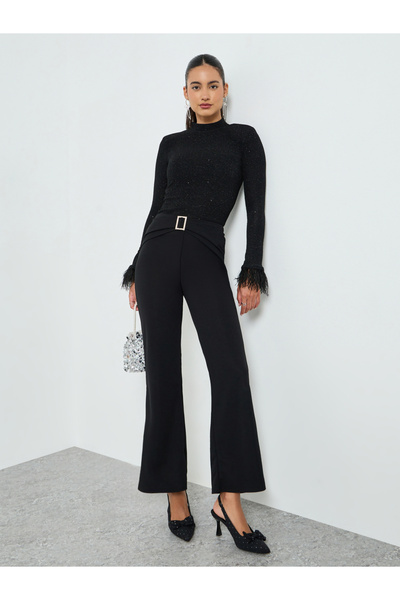 Take Two By Styli Black Flare Trousers with Embellished Buckle Detail