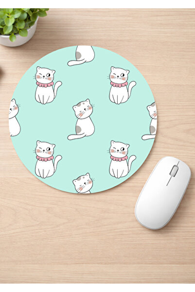 Eylül Design Cute Cats Printed Round Non-Slip Mousepad Ergonomic Mouse Pad