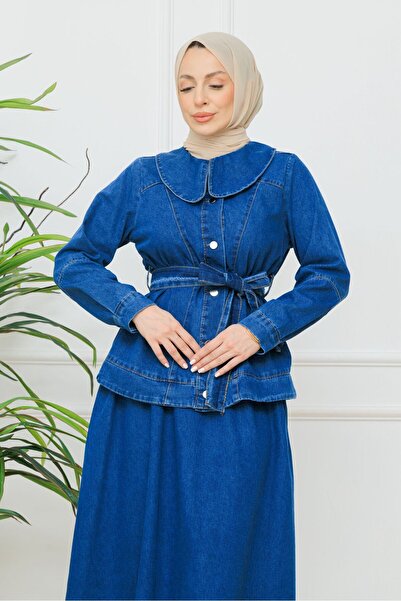 ELBİSHE Collar Detailed Belted Denim Jacket - Skirt Set