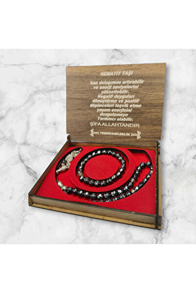 hüseyin ceran Hematite Stone Prayer Beads and Bracelet Gift with Wooden Box C...