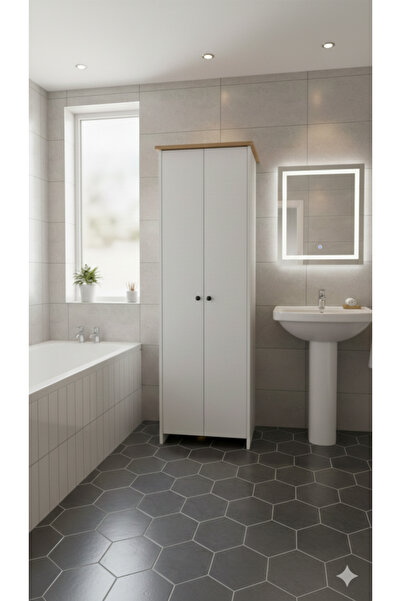 KZY Mobilya Şapkalı 8 Raflı Banyo Dolabı Meşe-Beyaz