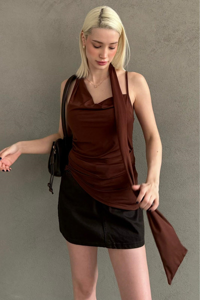 Madmext Brown Degaje Collar Scarf Stylish Women's Blouse Mg2650
