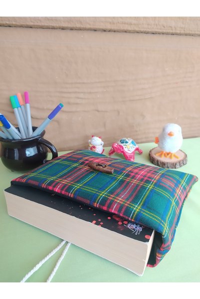 Talay Accessories Plaid Fabric Tablet Case Green Red, Wooden Button Book Cover, Handmade Organizer Bag