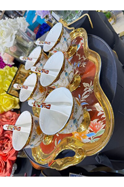 hediye Esterhomedecor Porcelain Ice Cream Set with Tray for 6 People