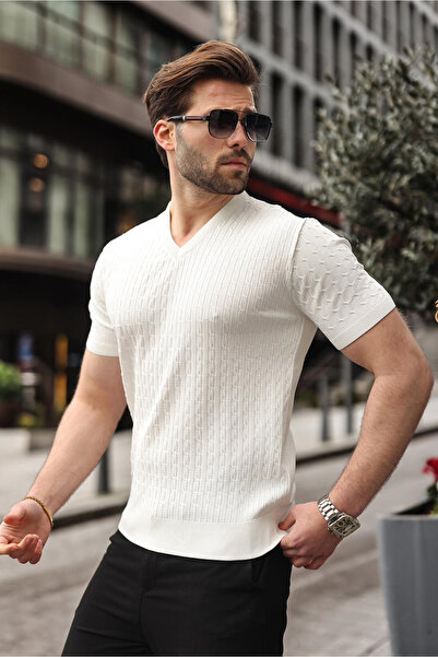 Madmext White V-Neck Short Sleeve Knitwear Men's T-Shirt E7467