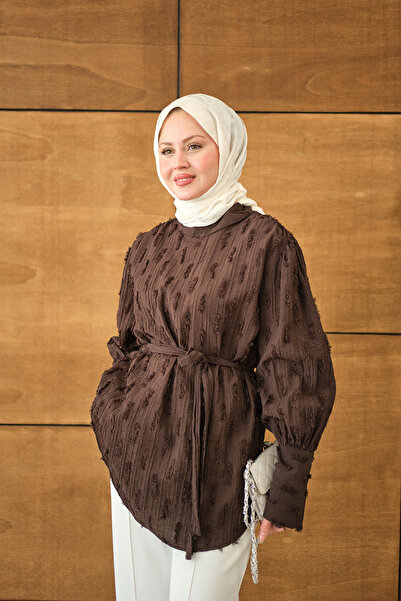 LOCCO Women's Self-Patterned Waist Tie Tunic Brown