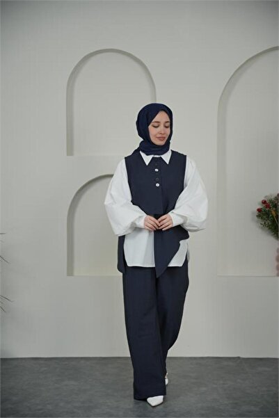 Neşeli Butik Women's Navy Blue Asymmetrical Looking Three-Piece Hijab Set Nbv...