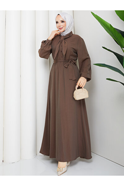 RACE FASHİON Scarf Collar Buttoned Strawberry Fabric Hijab Dress Rc6038