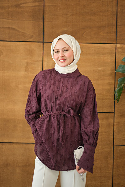 LOCCO Women's Self-Patterned Waist Tie Tunic, Plum Color