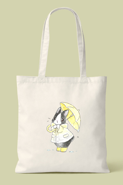 Hayali Şeyler Yellow Umbrella Rabbit Printed Cloth Bag - Daily Shoulder Bag