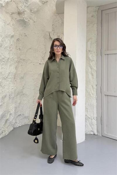 Neşeli Butik Women's Green Modal Fabric Striped Asymmetric Shirt Suit Nbnp024