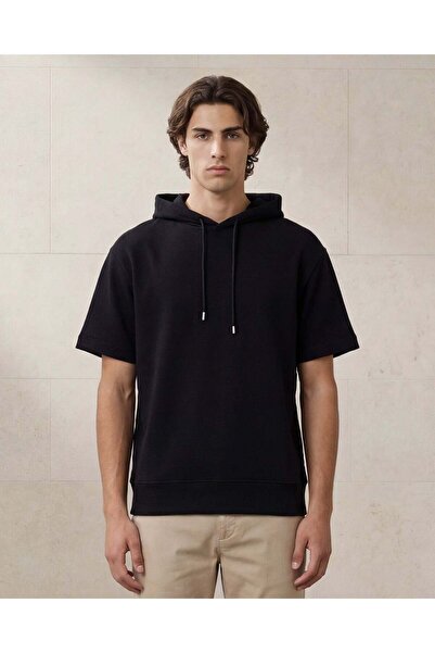 REDTAG Men Black Interlock Hooded Lounge T Shirt