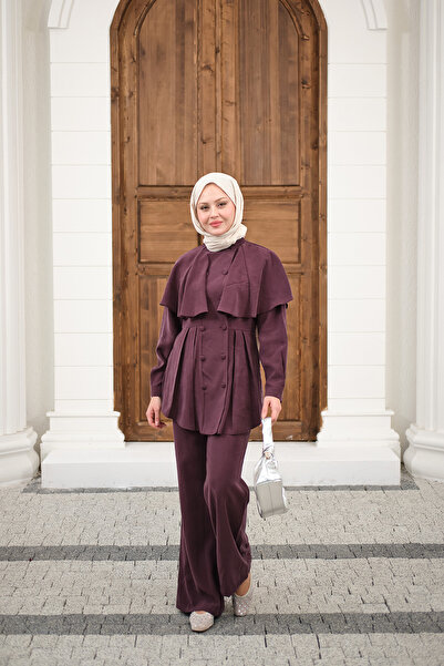 LOCCO Kadın Düğme Detay Pelerinli Pantolonlu Takım Mürdüm