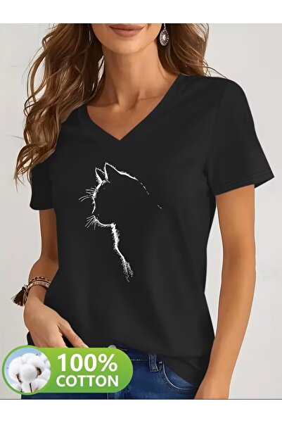 yombaa Tricou cu decolteu în V, tricou simplu cu imprimeu cu linii de pisici