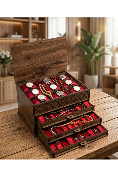 URFA LAZER Tesbih Koleksiyon Kutusu ve Saat Kutusu Ahşap 4 katlı, Çekmeceli A...