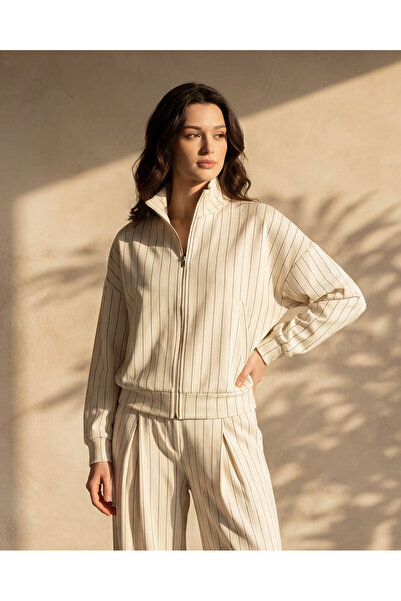 REDTAG Women Beige Striped Zip Through High Neck Active Sweatshirt