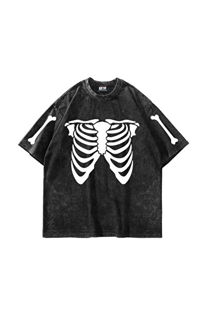 Bak Moda Ribcage Skeleton Printed Oversize Unisex Washable Black Tshirt