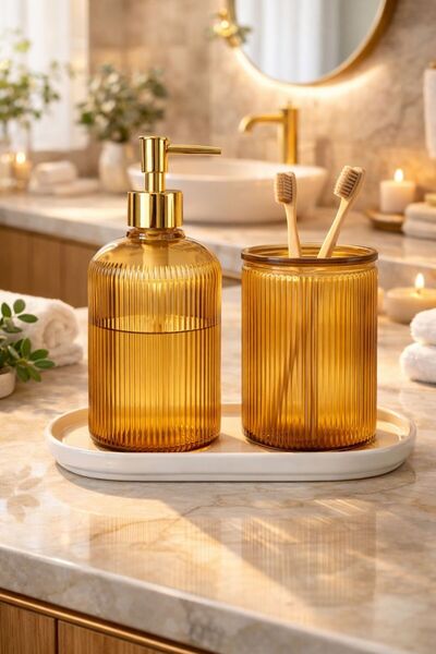 ANGDESİGN İnci̇ Glass 2-Piece Bathroom Set - Glass Liquid Soap Dispenser and ...