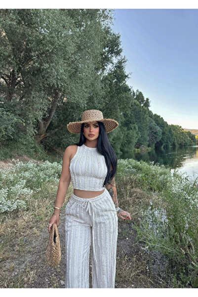 kırmızı butiks Μπεζ Σετ Δύο Τεμαχίων με Αντεστραμμένη Ραφή Halter