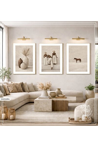 Tablomtr Sahara - Dijital Baskılı Gold Metal Çerçeveli Gerçek Camlı 3'lü Deko...