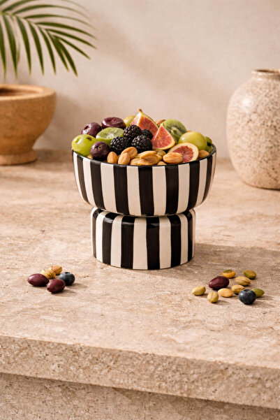 Anadolu Saray Seramik Çizgili Ayaklı Sunumluk Meyvelik Dekoratif Siyah Beyaz ...