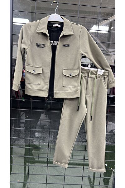 Kids Erkek Çocuk Haki Fermuarlı Ceketli 3'lü Takım - Keep Moving Baskılı