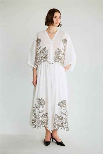 BRTC design Women's Ecru Floral Embroidered Bat Sleeve Elastic Waist Blouse S...