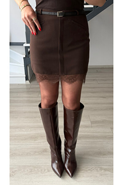Oslove Bitter Brown Lace Detailed Shorts Lined Belted Mini Skirt