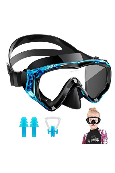 Dotail Детска маска за шнорхелинг HIKOTEY, синьо-черна, мек силикон, лещи про...