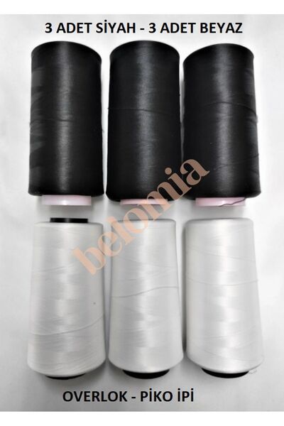 Belomia Home Collection Overlok - Piko İpi 3 Siyah + 3 Beyaz Set