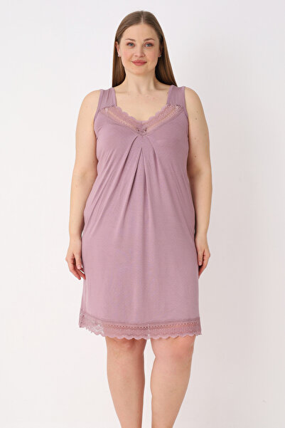 İntensive Pink Polka Dot Lycra Lace Strap V-Neck Plus Size Nightgown