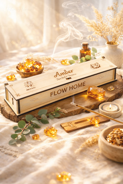 Flow Home Doğal Amber Tütsü ,40 Adet Ahşap Kutulu Çubuk Tütsü, 60 Dakika Uzun...
