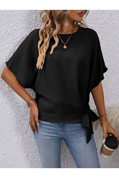 civetta Women's Short Sleeve Crew Neck Side Lace-Up Aerobin Blouse